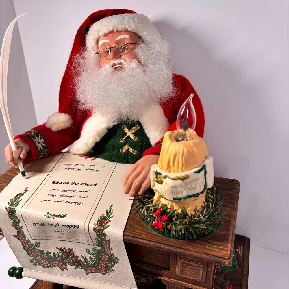 Traditions Animated Santa at Writing Desk w Candle light list 90s Works VTG